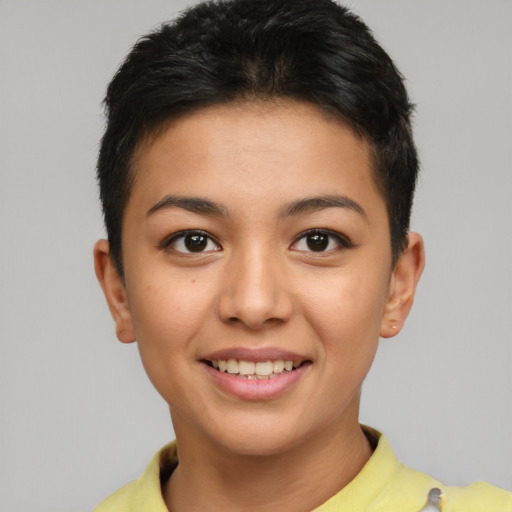 Joyful asian young-adult female with short  brown hair and brown eyes