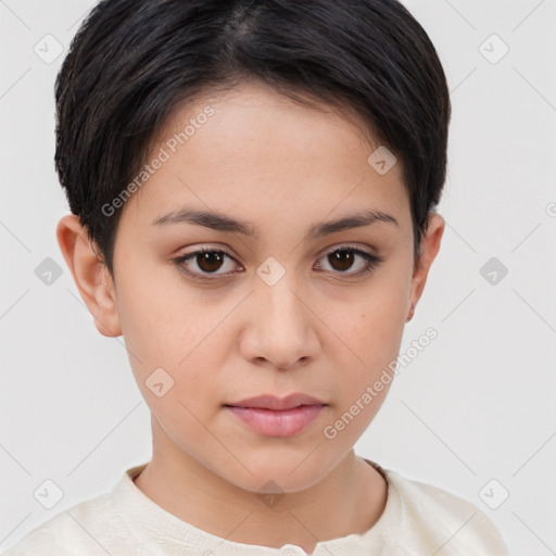 Neutral white young-adult female with short  brown hair and brown eyes