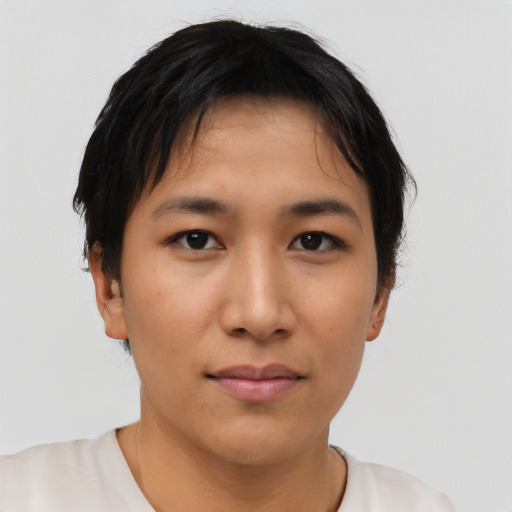 Neutral asian young-adult female with short  black hair and brown eyes