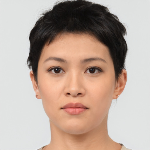 Neutral asian young-adult female with short  black hair and brown eyes