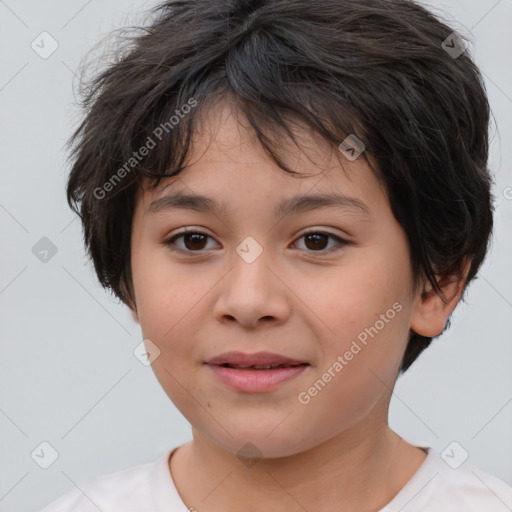 Joyful white child female with short  brown hair and brown eyes