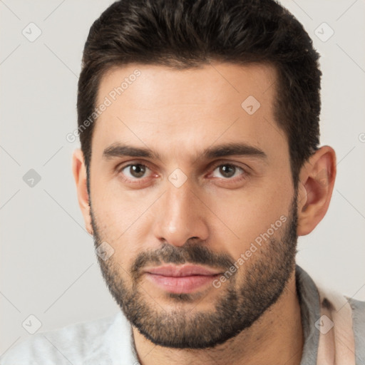 Neutral white young-adult male with short  brown hair and brown eyes