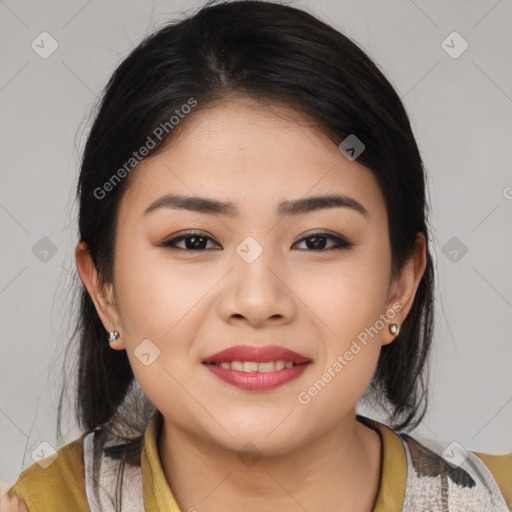 Joyful asian young-adult female with medium  brown hair and brown eyes