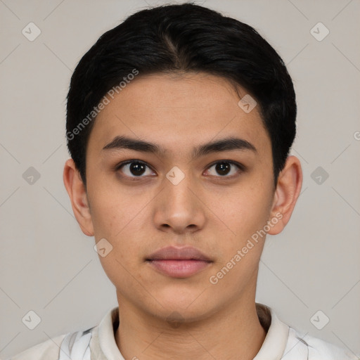 Neutral white young-adult male with short  black hair and brown eyes