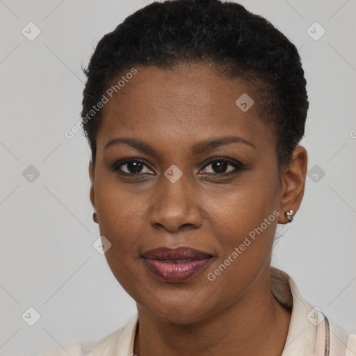 Joyful black young-adult female with short  brown hair and brown eyes