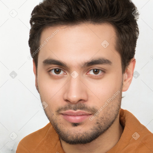 Neutral white young-adult male with short  brown hair and brown eyes