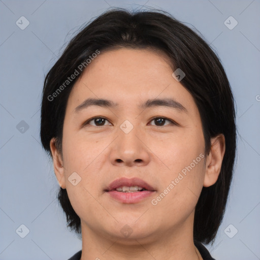 Joyful white young-adult male with medium  brown hair and brown eyes