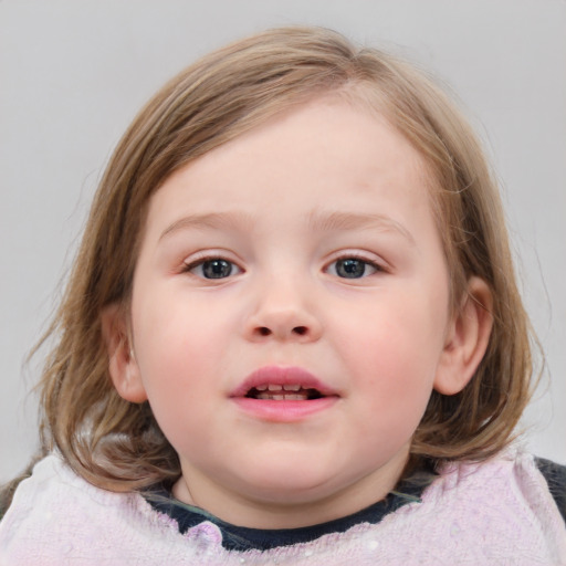 Joyful white child female with medium  brown hair and blue eyes