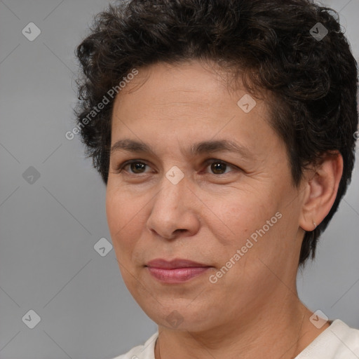 Joyful white adult female with short  brown hair and brown eyes