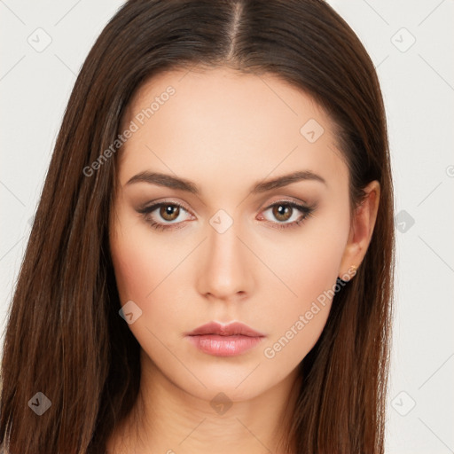 Neutral white young-adult female with long  brown hair and brown eyes