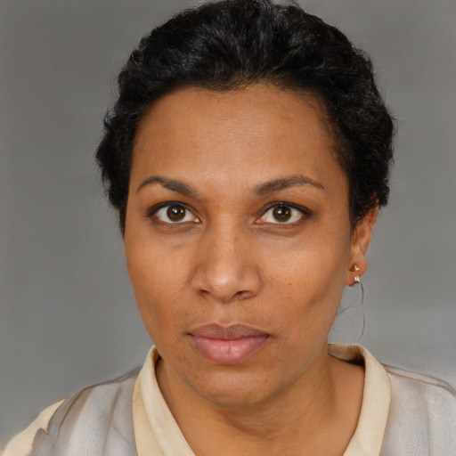 Neutral black adult female with short  black hair and brown eyes