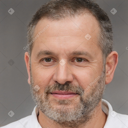 Joyful white middle-aged male with short  brown hair and brown eyes