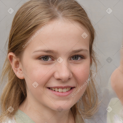 Joyful white child female with medium  brown hair and brown eyes