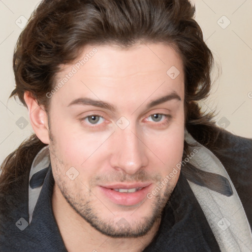 Joyful white young-adult male with medium  brown hair and brown eyes