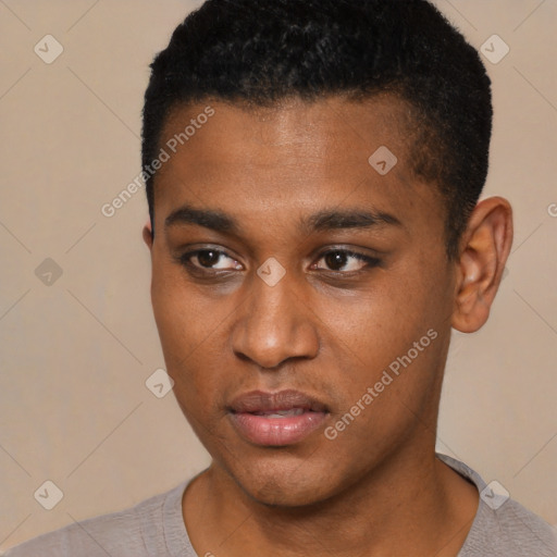 Neutral black young-adult male with short  black hair and brown eyes