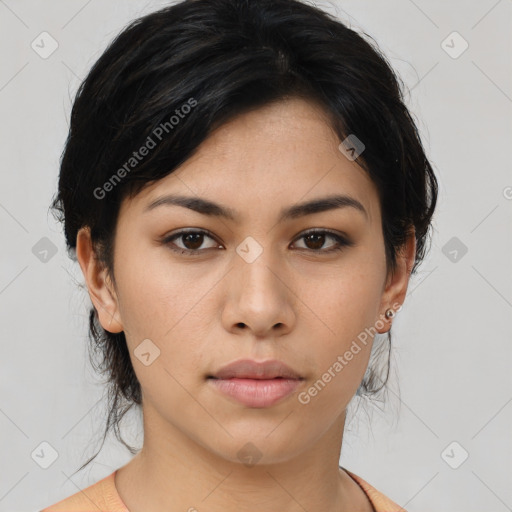 Neutral asian young-adult female with medium  brown hair and brown eyes