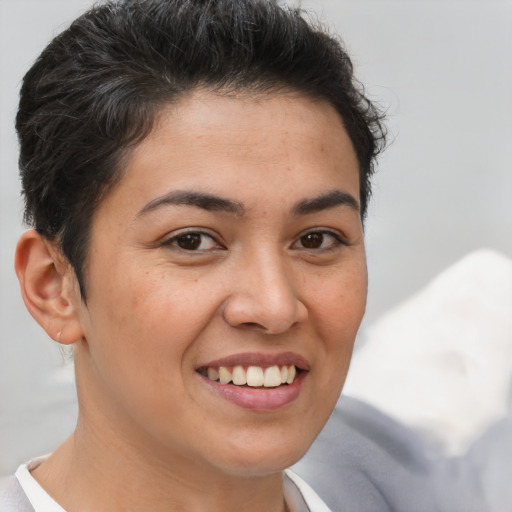 Joyful white young-adult female with short  brown hair and brown eyes