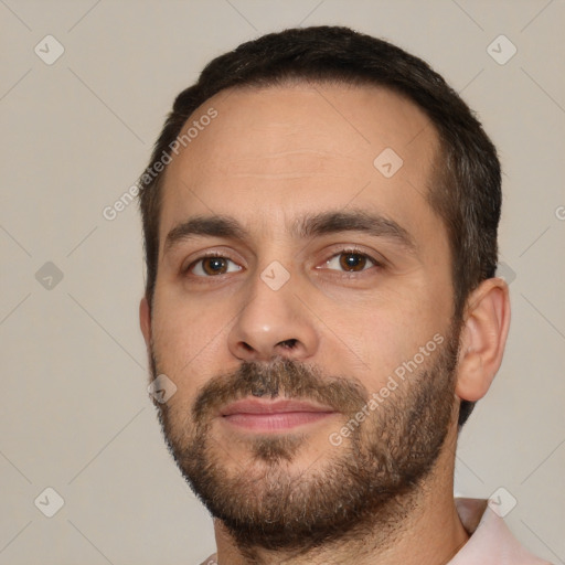 Neutral white young-adult male with short  brown hair and brown eyes