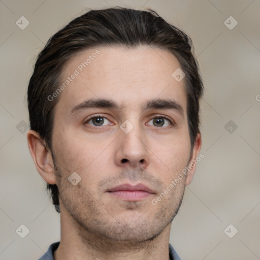 Neutral white young-adult male with short  brown hair and brown eyes