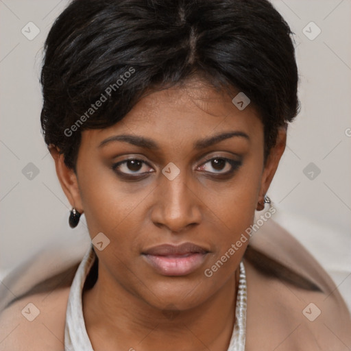 Joyful black young-adult female with short  brown hair and brown eyes