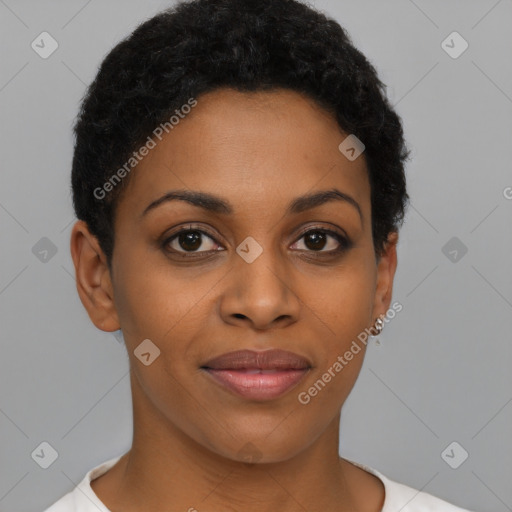 Joyful latino young-adult female with short  brown hair and brown eyes