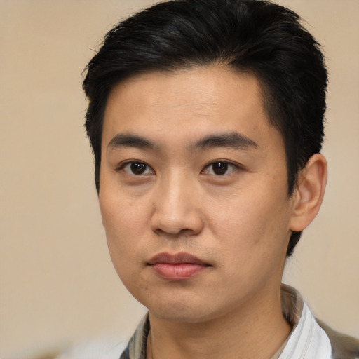 Neutral asian young-adult male with short  black hair and brown eyes