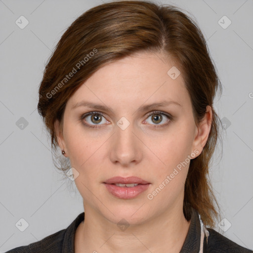 Neutral white young-adult female with medium  brown hair and grey eyes