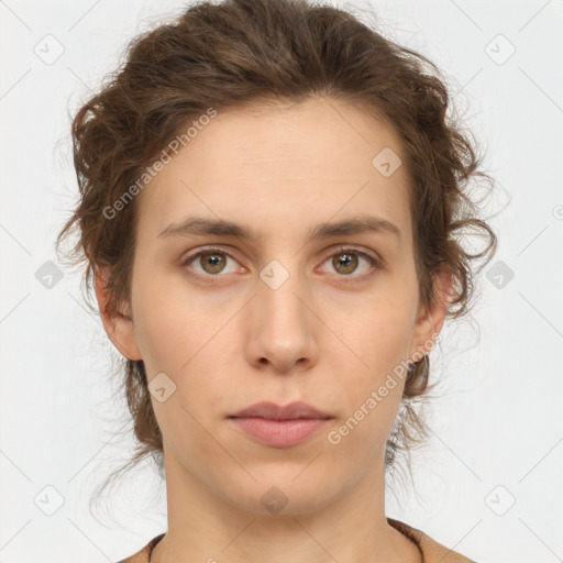 Neutral white young-adult female with short  brown hair and brown eyes