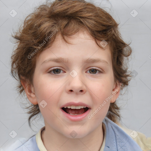 Joyful white child female with medium  brown hair and brown eyes