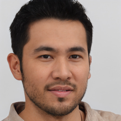 Neutral asian young-adult male with short  brown hair and brown eyes