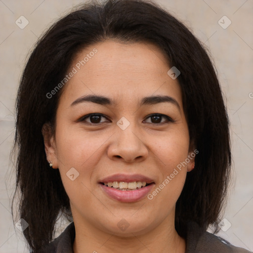 Joyful latino young-adult female with medium  brown hair and brown eyes