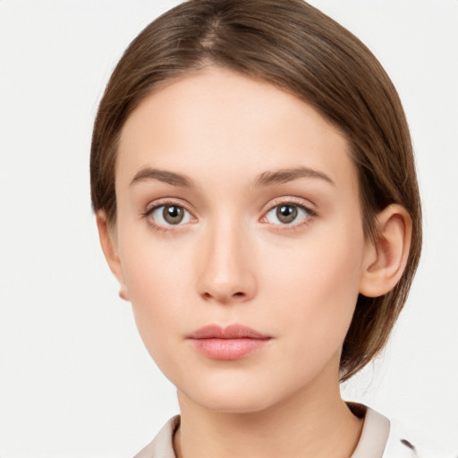 Neutral white young-adult female with medium  brown hair and grey eyes