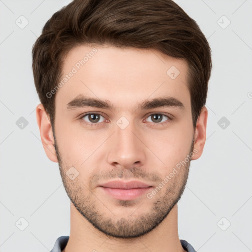 Neutral white young-adult male with short  brown hair and brown eyes