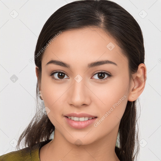 Joyful white young-adult female with long  brown hair and brown eyes