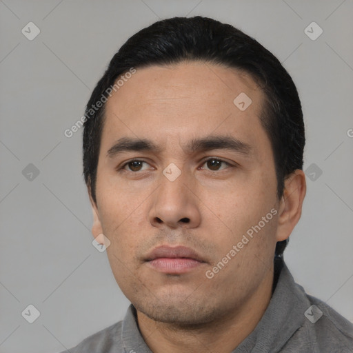 Neutral asian young-adult male with short  black hair and brown eyes