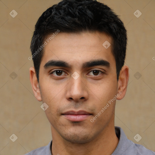 Neutral asian young-adult male with short  black hair and brown eyes