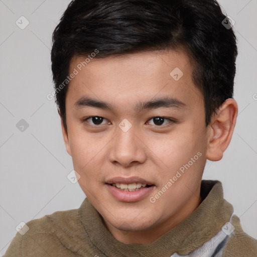 Joyful asian young-adult male with short  brown hair and brown eyes