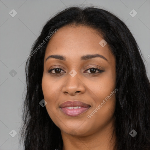 Joyful latino young-adult female with long  black hair and brown eyes