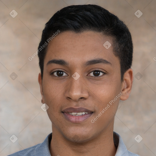 Joyful latino young-adult male with short  black hair and brown eyes