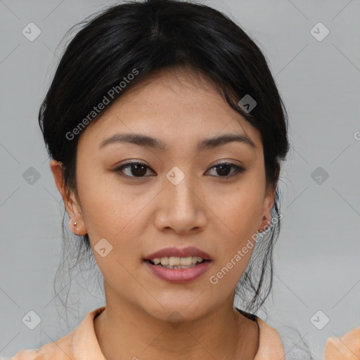 Joyful white young-adult female with medium  black hair and brown eyes