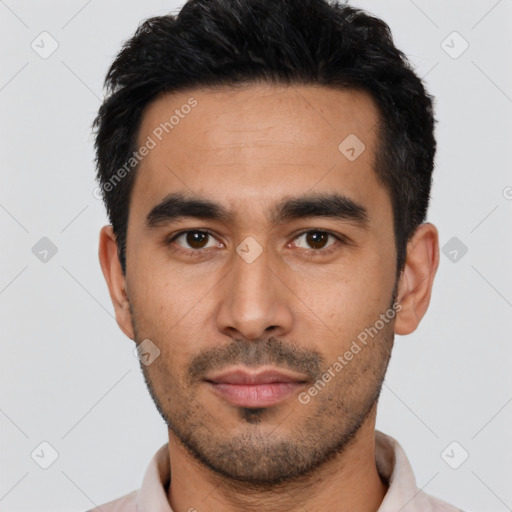 Neutral latino young-adult male with short  black hair and brown eyes