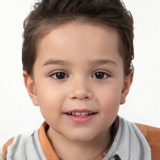 Joyful white child female with short  brown hair and brown eyes