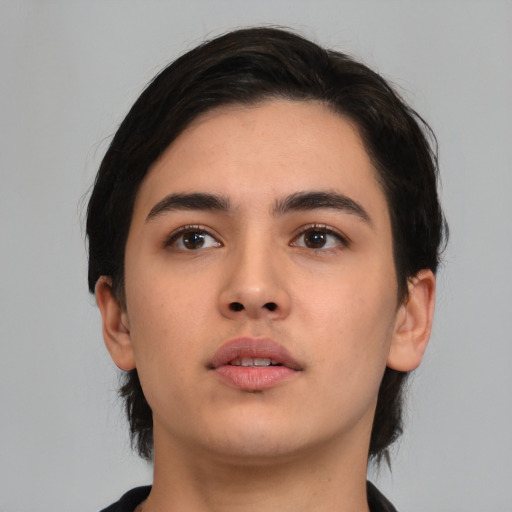 Neutral asian young-adult male with medium  black hair and brown eyes