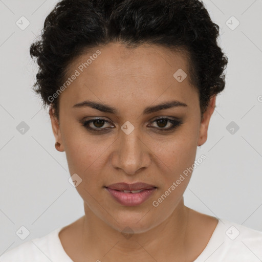 Joyful latino young-adult female with short  brown hair and brown eyes