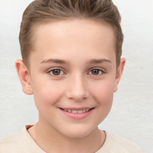 Joyful white child female with short  brown hair and brown eyes