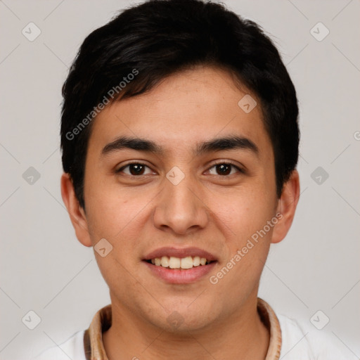 Joyful white young-adult male with short  black hair and brown eyes