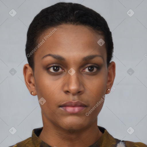 Neutral black young-adult female with short  brown hair and brown eyes