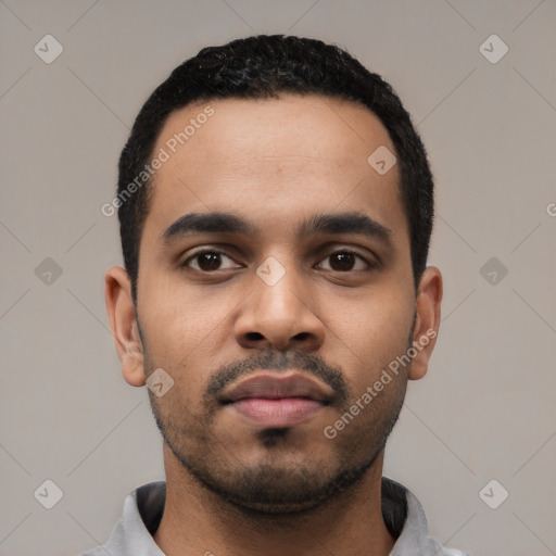 Neutral latino young-adult male with short  black hair and brown eyes