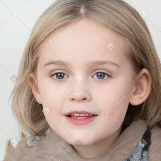 Joyful white child female with medium  brown hair and blue eyes