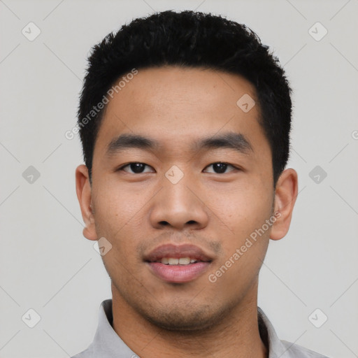 Neutral asian young-adult male with short  black hair and brown eyes